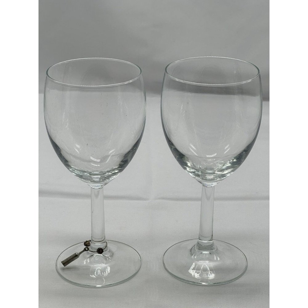 2 Wine Glasses Made In France. With Little Wine Bottle Decor Ring On One Glass